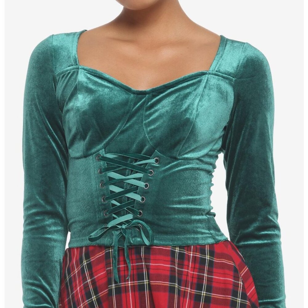 GOTH VICTORIAN WEDDING PARTY GREEN CORSET LACE UP CROP VELVET LONG SLEEVE TOP 2X